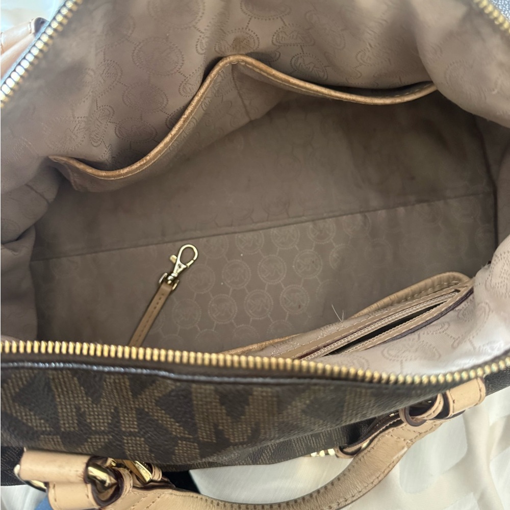 Michael Kors Brown Monogram Satchel with Tan Straps and Gold Hardware - Picture 3 of 5